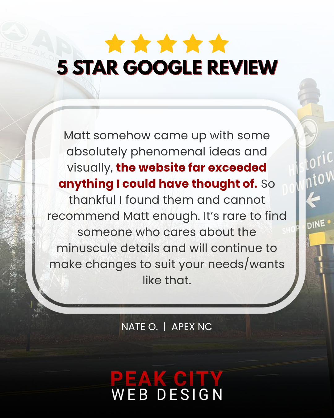 5-star Google review for Peak City Web Design from Nate O. in Apex, NC praising a custom small business website redesign