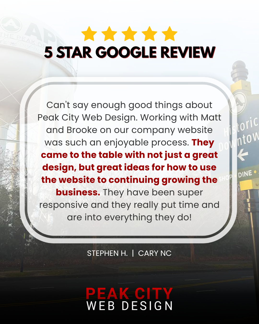 5-star Google review for Peak City Web Design from Dr. Stephen H., a dentist in Cary, NC, praising a custom WordPress website and ongoing local SEO