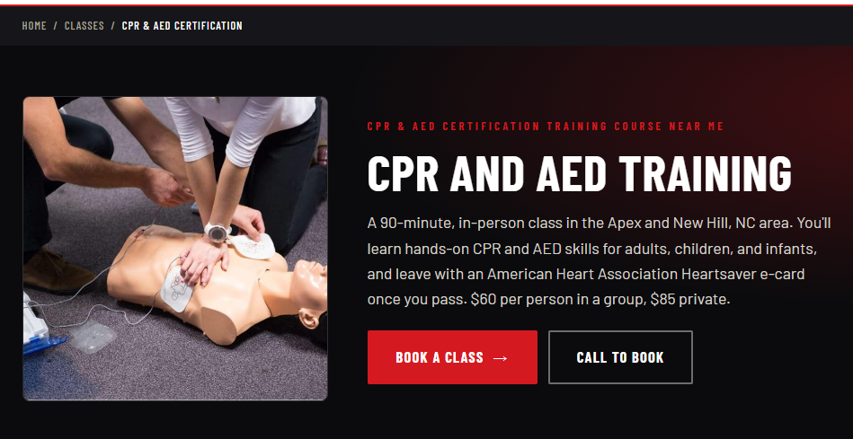 The same CPR class page live on the customer-facing website