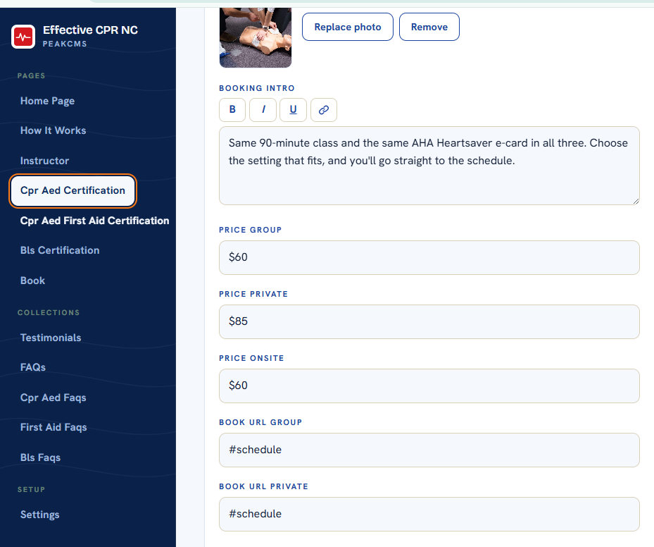 The PeakCMS editor with a CPR class service page open for editing
