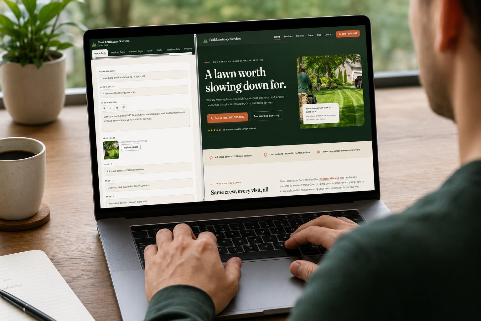 A small business owner editing their PeakCMS website while the live site updates beside it