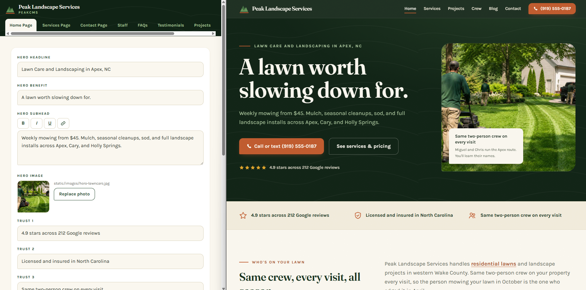 A landscape services website built with PeakCMS, shown with the editor open