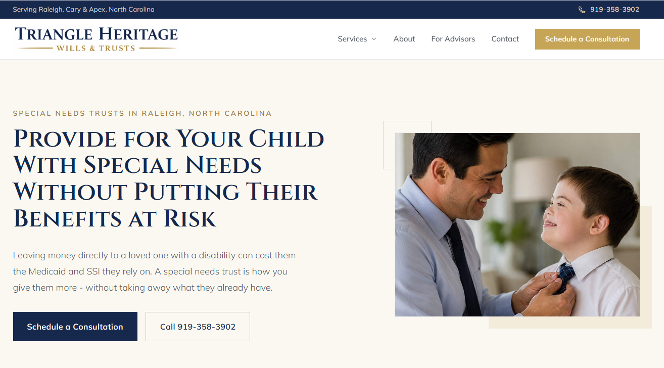 Example: a dedicated Special Needs Trusts service page we built for Triangle Heritage Wills & Trusts